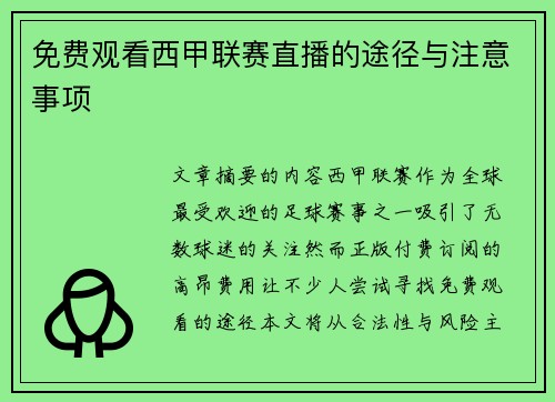 免费观看西甲联赛直播的途径与注意事项