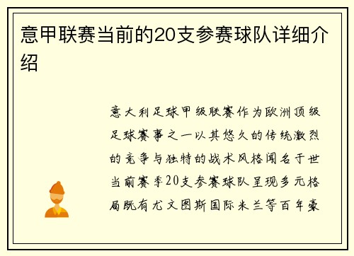意甲联赛当前的20支参赛球队详细介绍